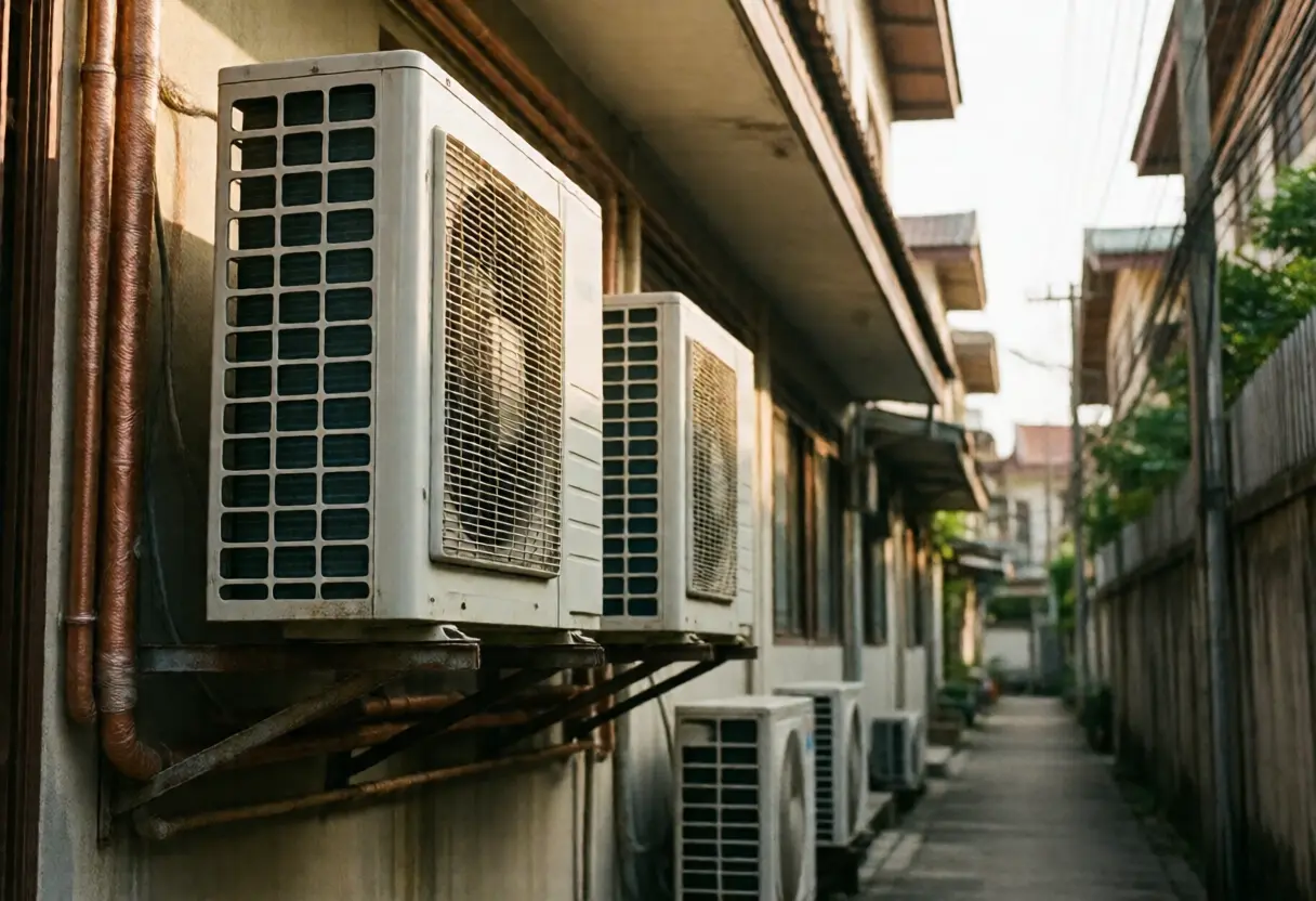 泰国排屋旁狭窄小巷内墙上支架上的空调室外机