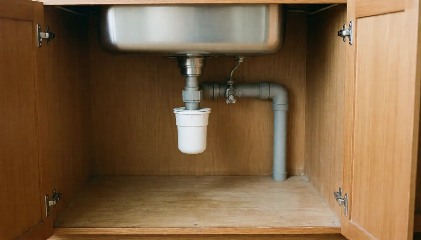 A small white plastic grease trap fitted under a kitchen sink between the waste and the drain pipe