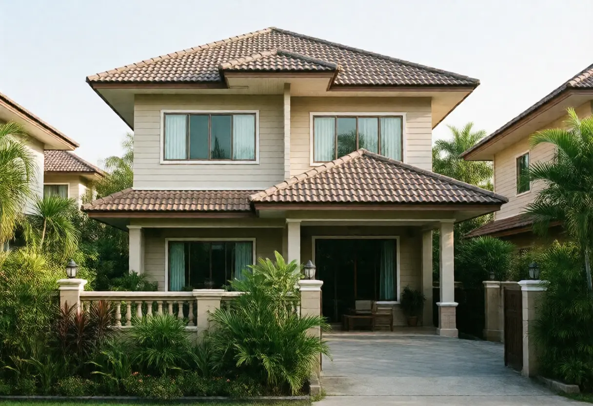 บ้านเดี่ยวสองชั้นในหมู่บ้านจัดสรรไทยมองจากหน้าบ้านในตอนสาย