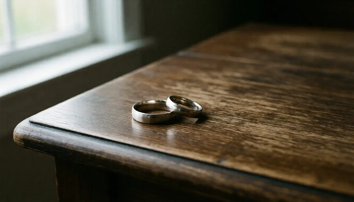 Two wedding rings side by side on a dark wooden table with window light from one side