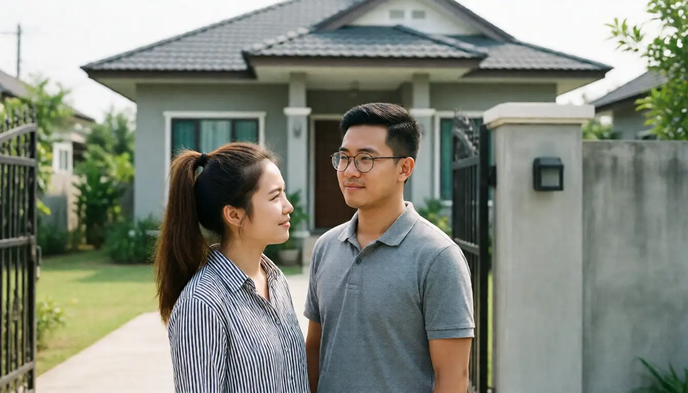 คู่รักคนไทยยืนหน้าบ้านสร้างใหม่ที่ยังไม่มีเลขที่บ้าน