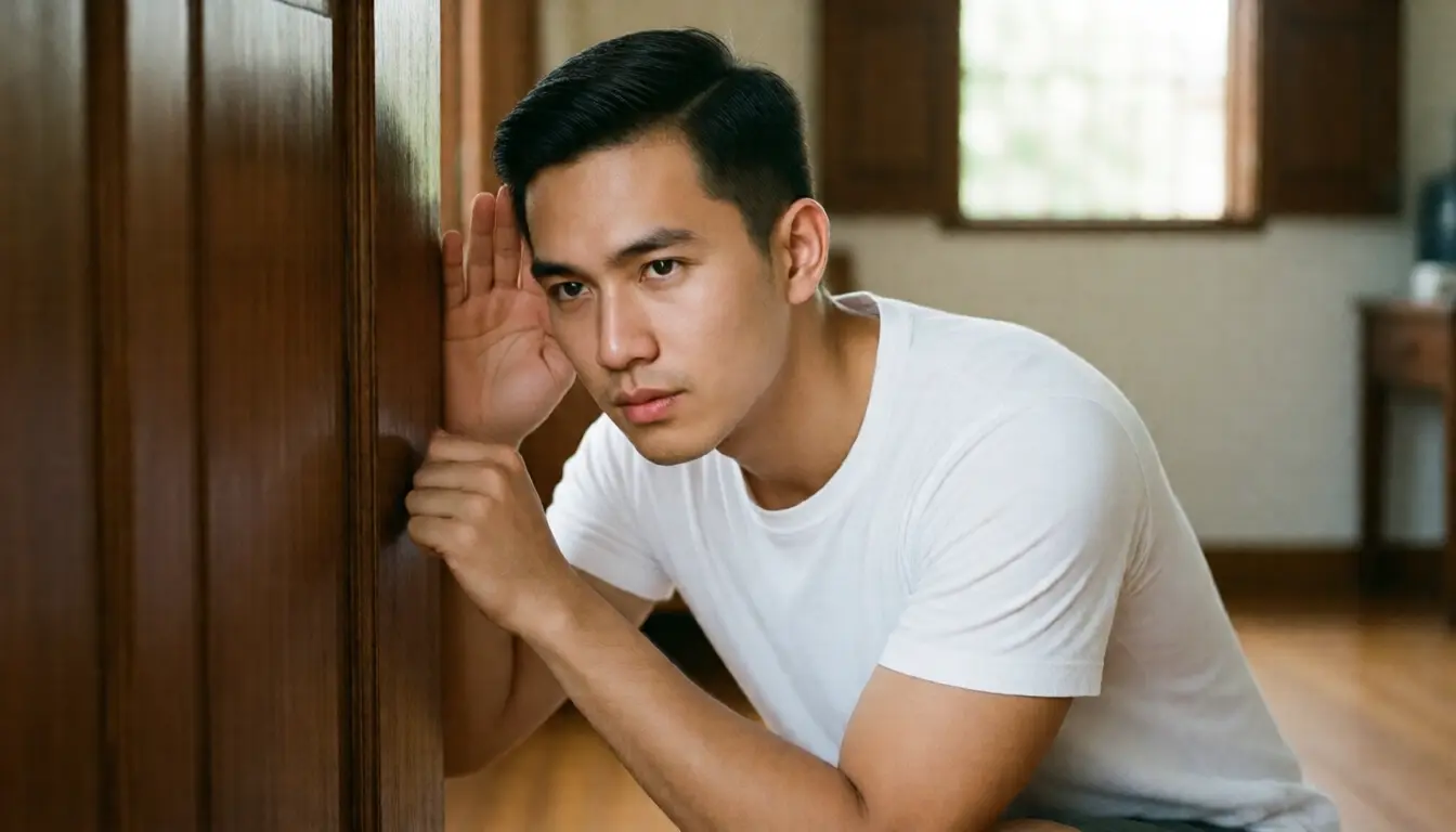 ชายไทยเคาะวงกบไม้เพื่อฟังเสียงว่ากลวงหรือไม่