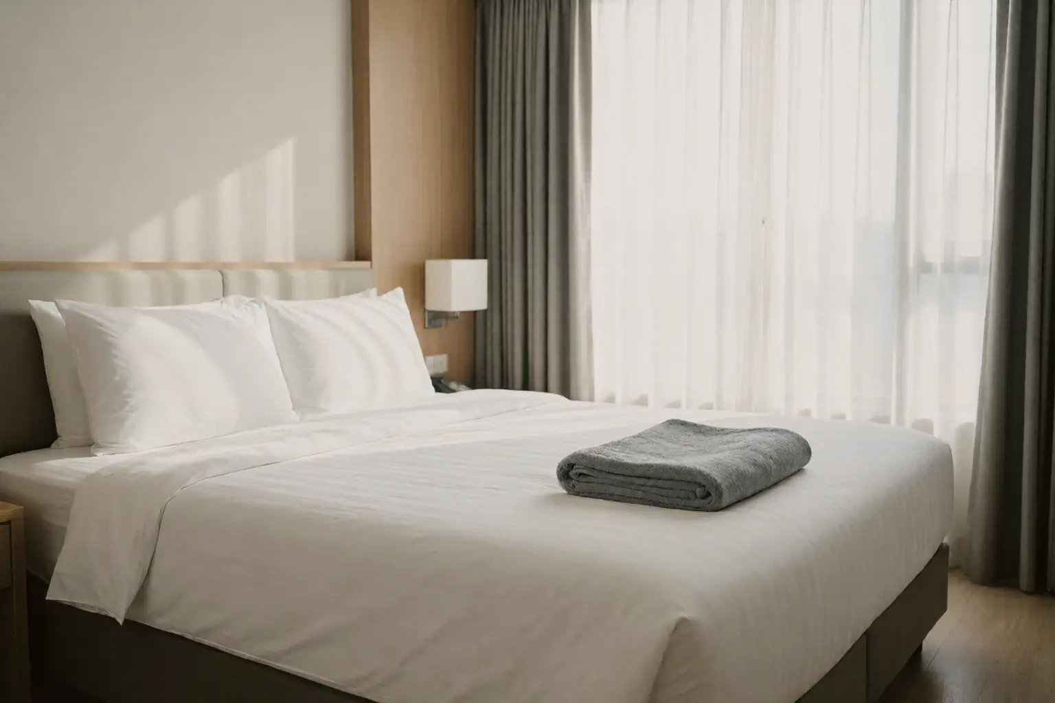 A neatly made bed with crisp white linen in a bright condominium bedroom, with a folded grey towel at the foot of the bed