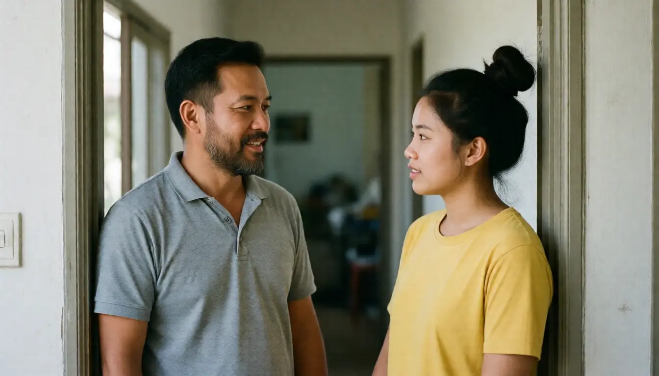 A landlord talking with a tenant at the door of a rented home