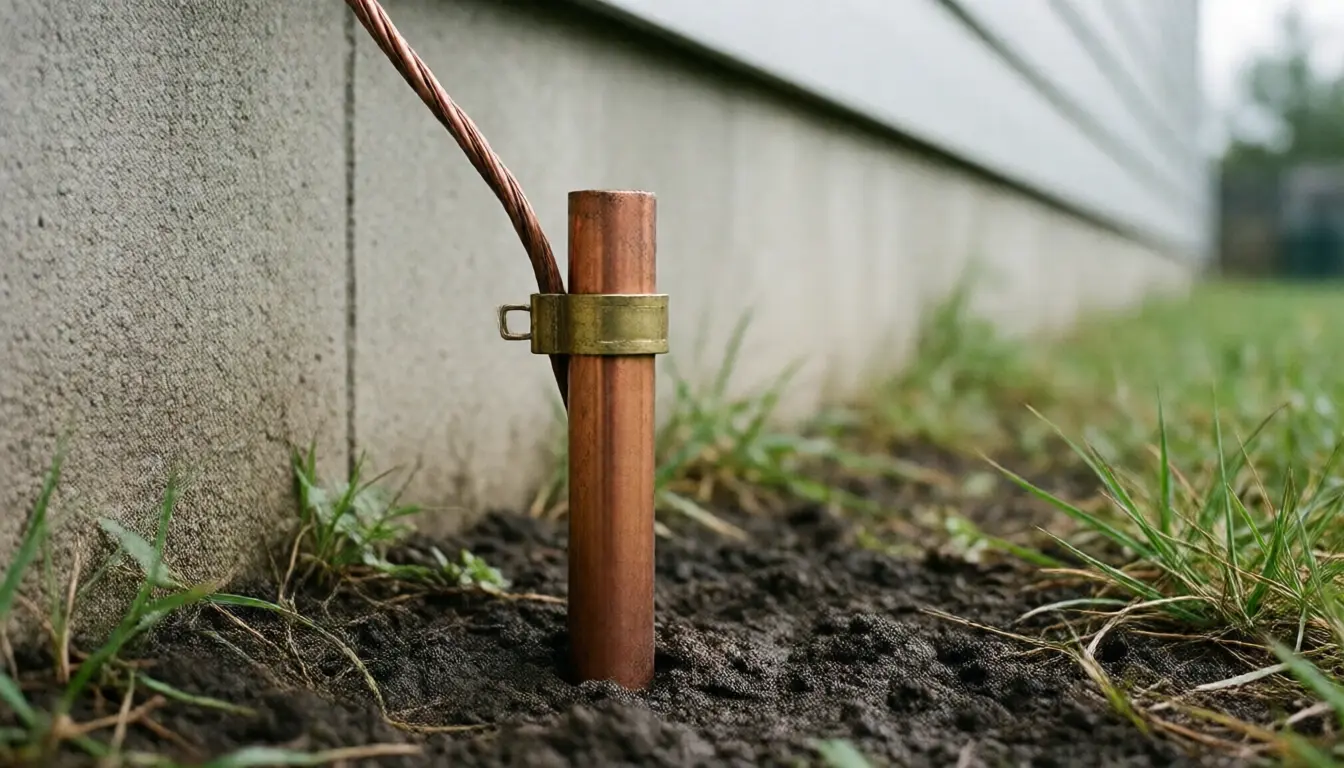 A copper earth rod driven into soil beside a house wall with a bare copper conductor clamped to it