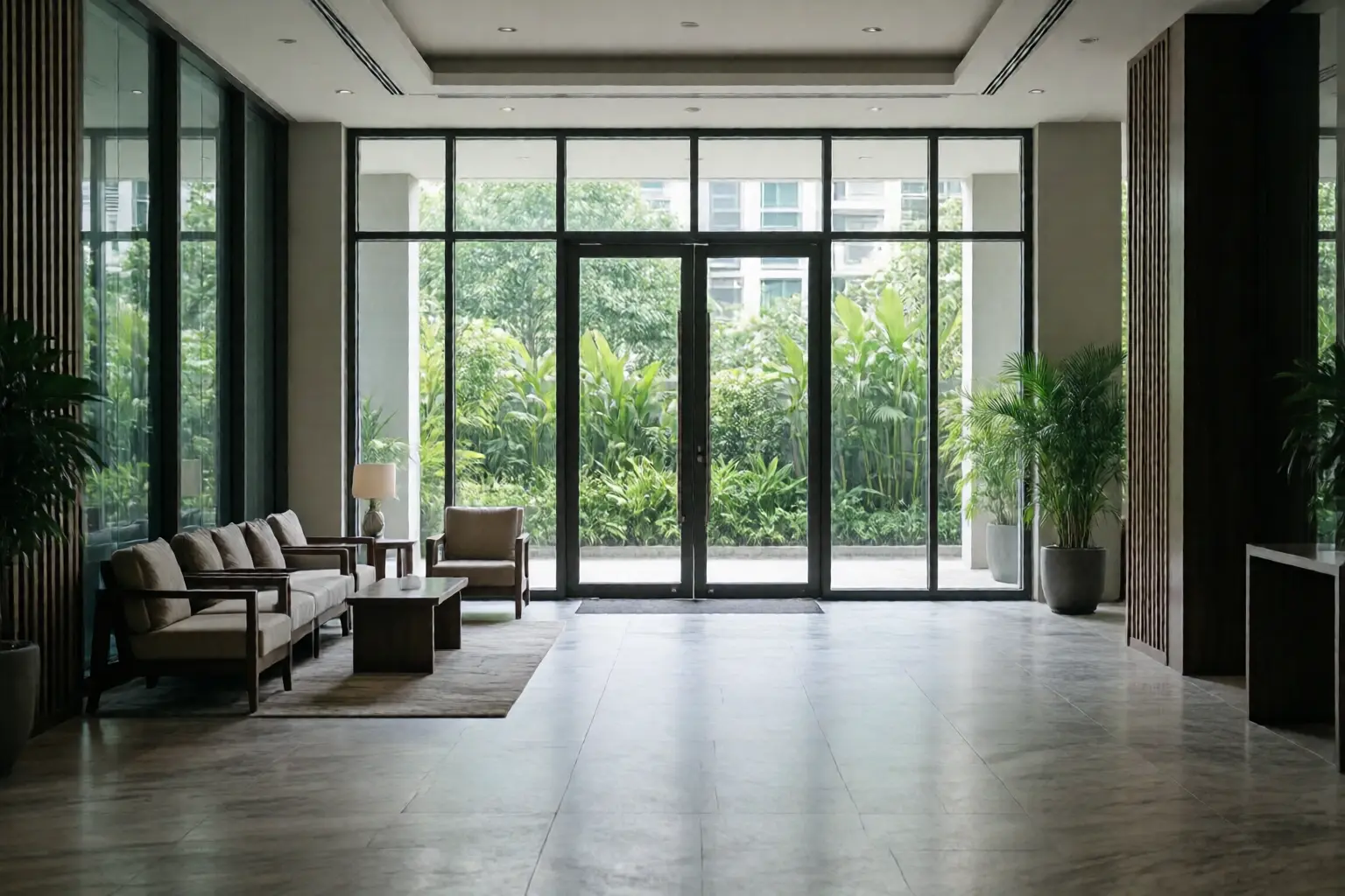 The lobby of a modern condominium building