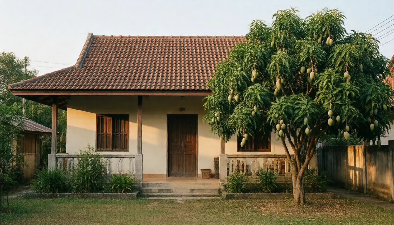 A modest single storey house with a tiled roof seen from the front garden with a mango tree and a low wall in late afternoon light