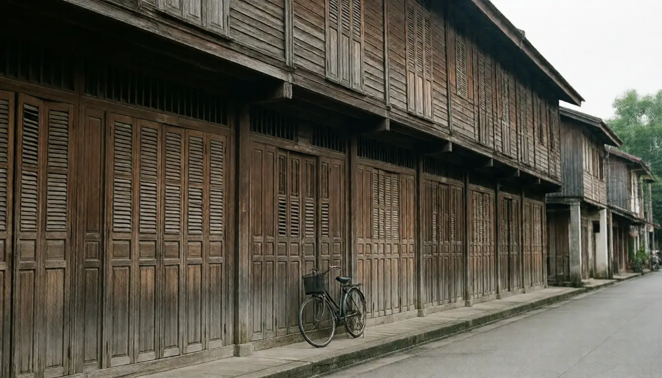 แถวตึกแถวไม้เก่าริมกำแพงวัดในเมืองต่างจังหวัด บานประตูปิดสนิท มีจักรยานจอดพิงอยู่