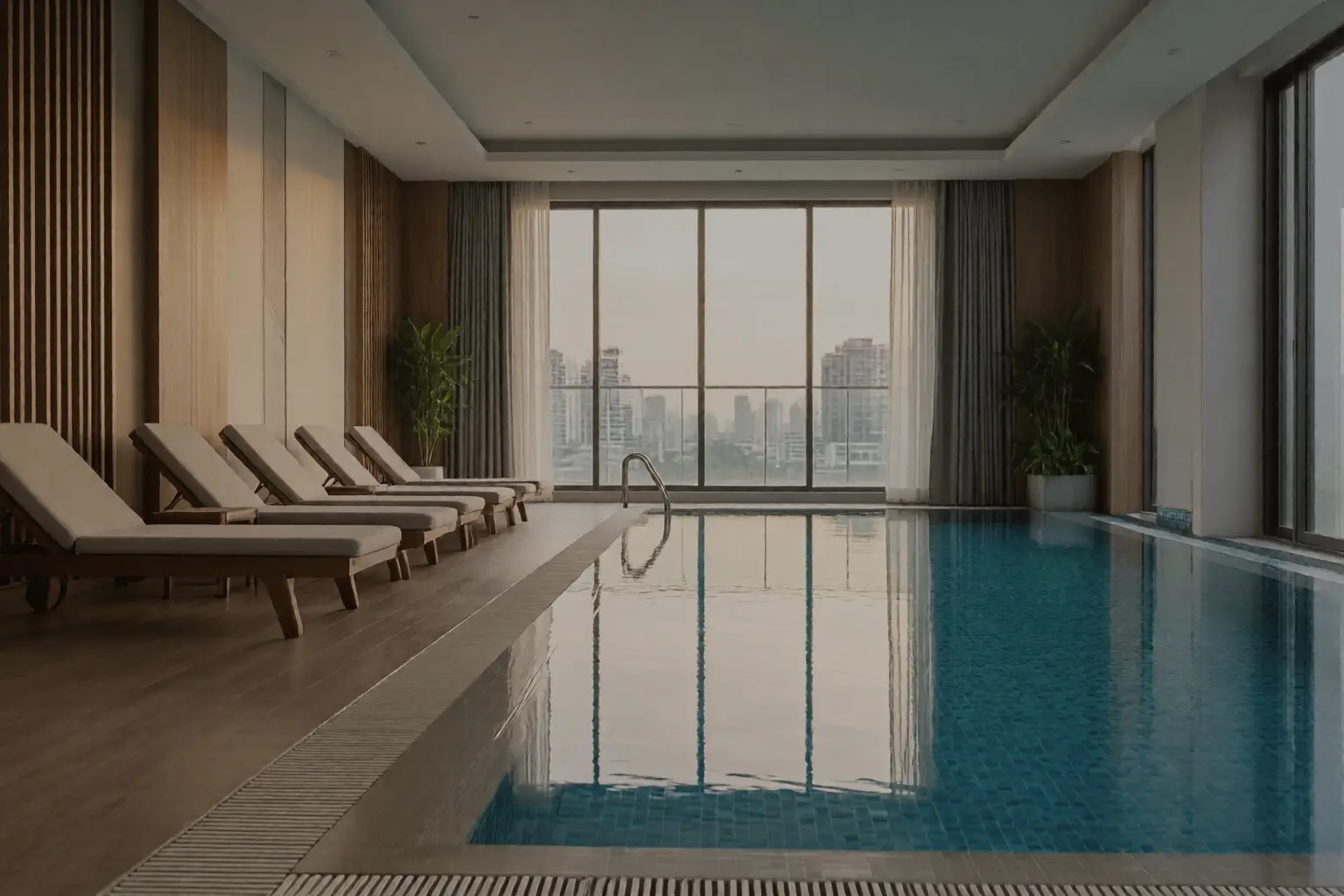 The swimming pool of a Bangkok condominium at dusk with empty sun loungers along the tiled edge and calm water reflecting the sky