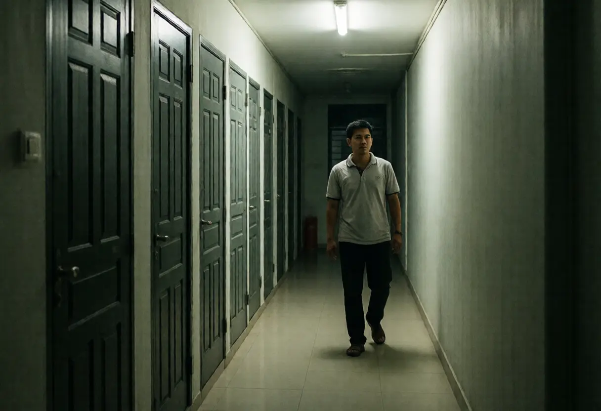 A man walking alone down a dim condominium corridor in the evening past a row of closed doors