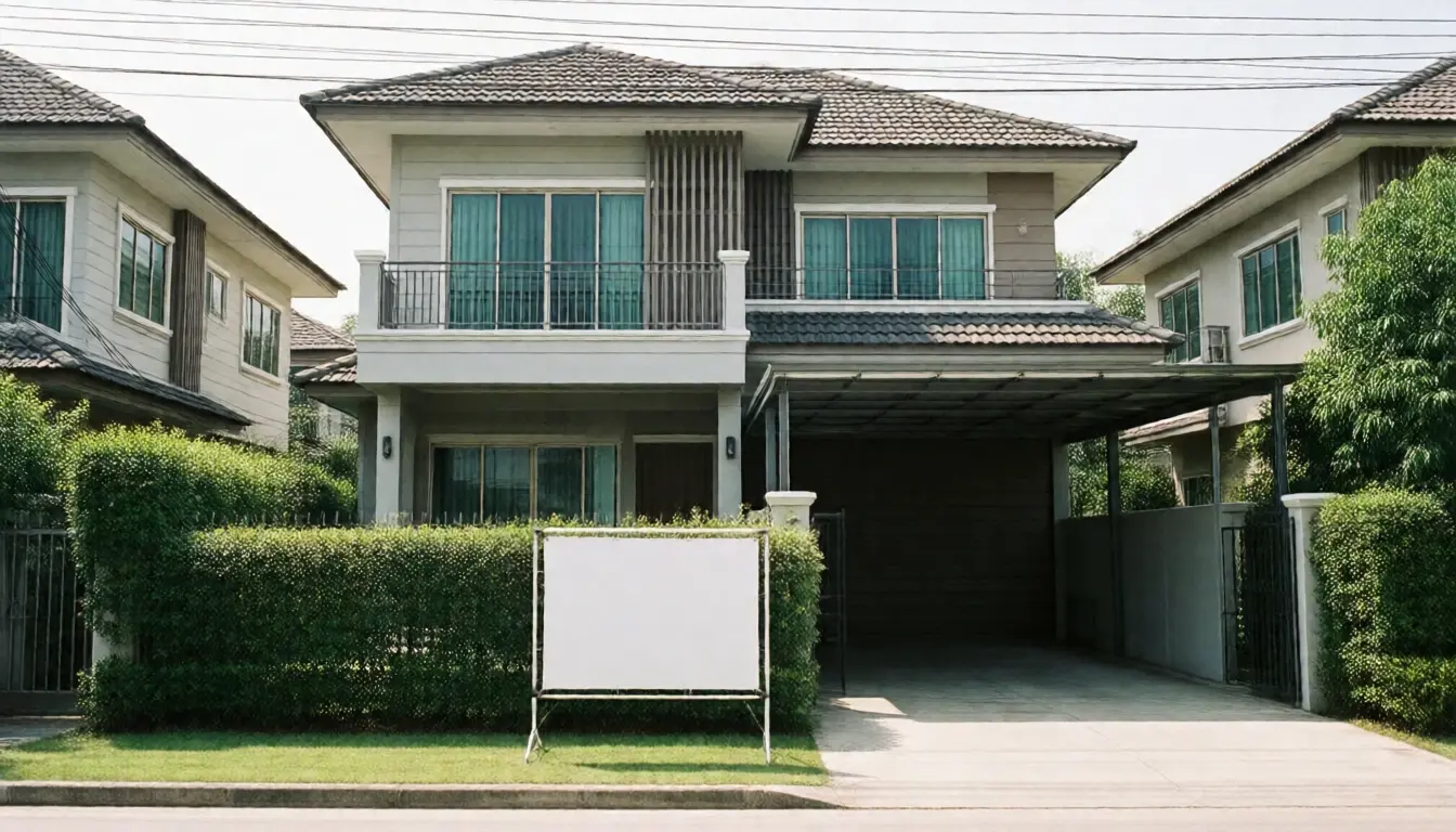 小区里的两层住宅，前院立着一块空白的展示牌