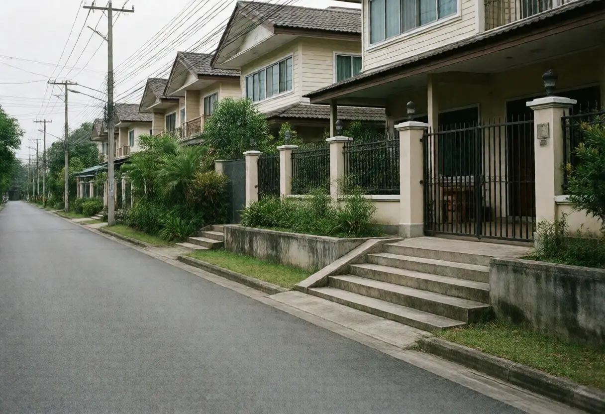 A residential street raised noticeably above the ground level of the houses beside it, with steps down to a front gate