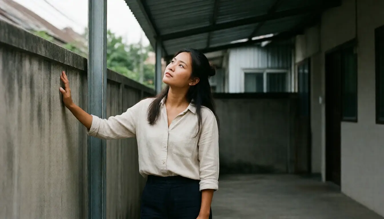女子站在联排别墅后院抬头看加建屋顶的底面