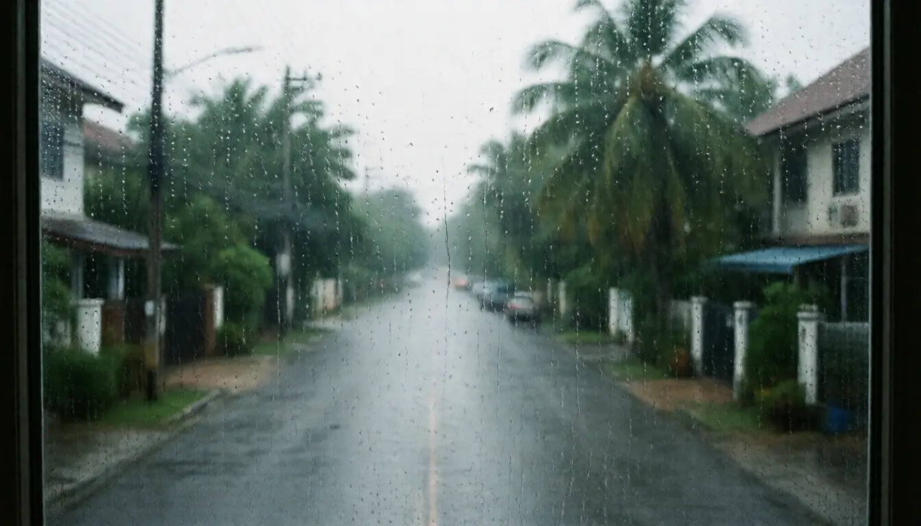 Heavy tropical rain on a suburban street seen through a window running with water