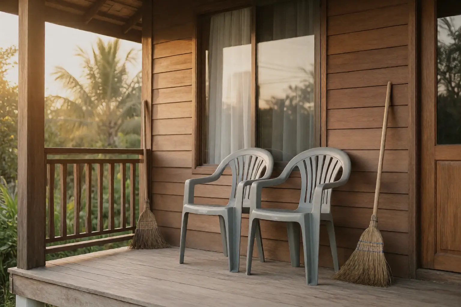 The wooden veranda of a rural Thai house at sunset with two empty plastic chairs and a broom leaning in the corner