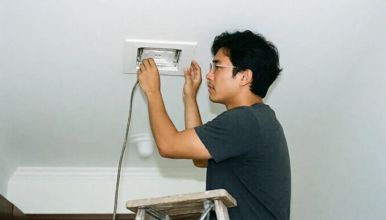 A man on a step stool fitting a broadcast unit to a ceiling