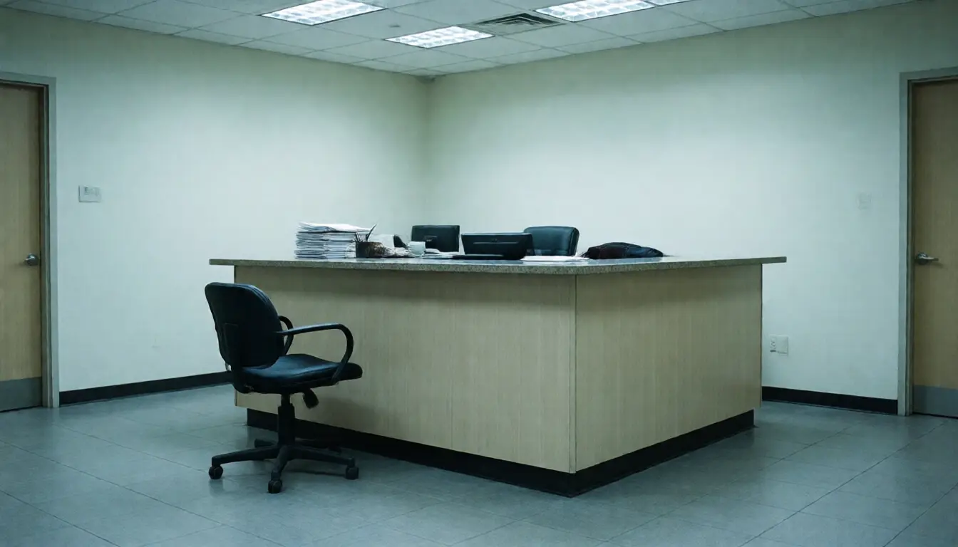 An empty service counter in a government office with a single chair on the visitor side