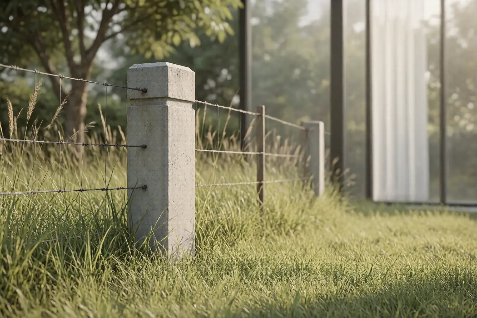A concrete boundary marker post standing in tall grass beside a wire fence, with trees blurred behind, photographed at ground level