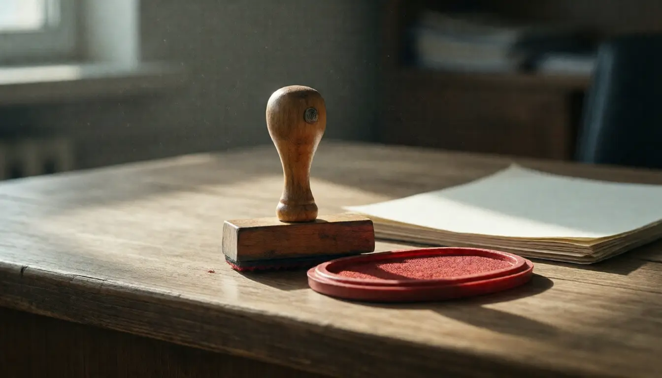 A wooden rubber stamp beside a red ink pad on an office counter with a stack of blank paper