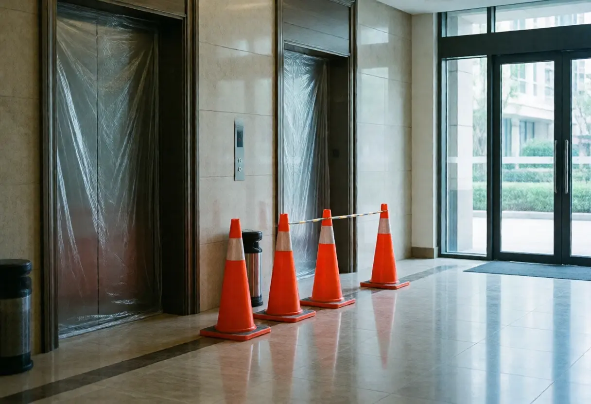 Traffic cones lined up in front of lifts wrapped in plastic sheeting during a repair, in a condominium lobby