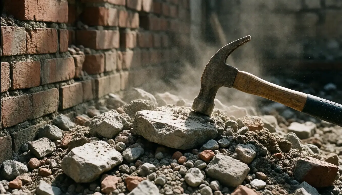 A demolition hammer and broken concrete rubble beside a partly removed brick wall
