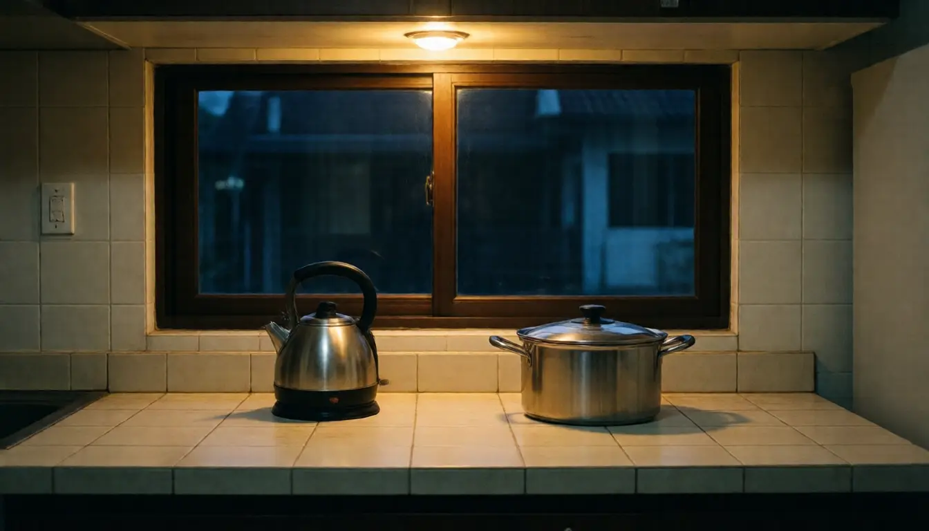 An empty kitchen in the evening with a rice cooker and a kettle sitting unused on the counter