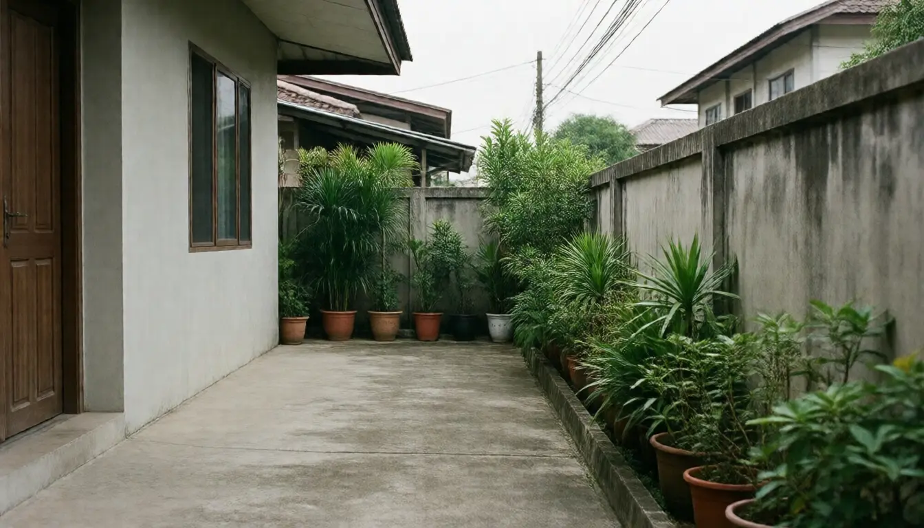 A roofed concrete terrace built right up to the boundary wall with almost no gap remaining