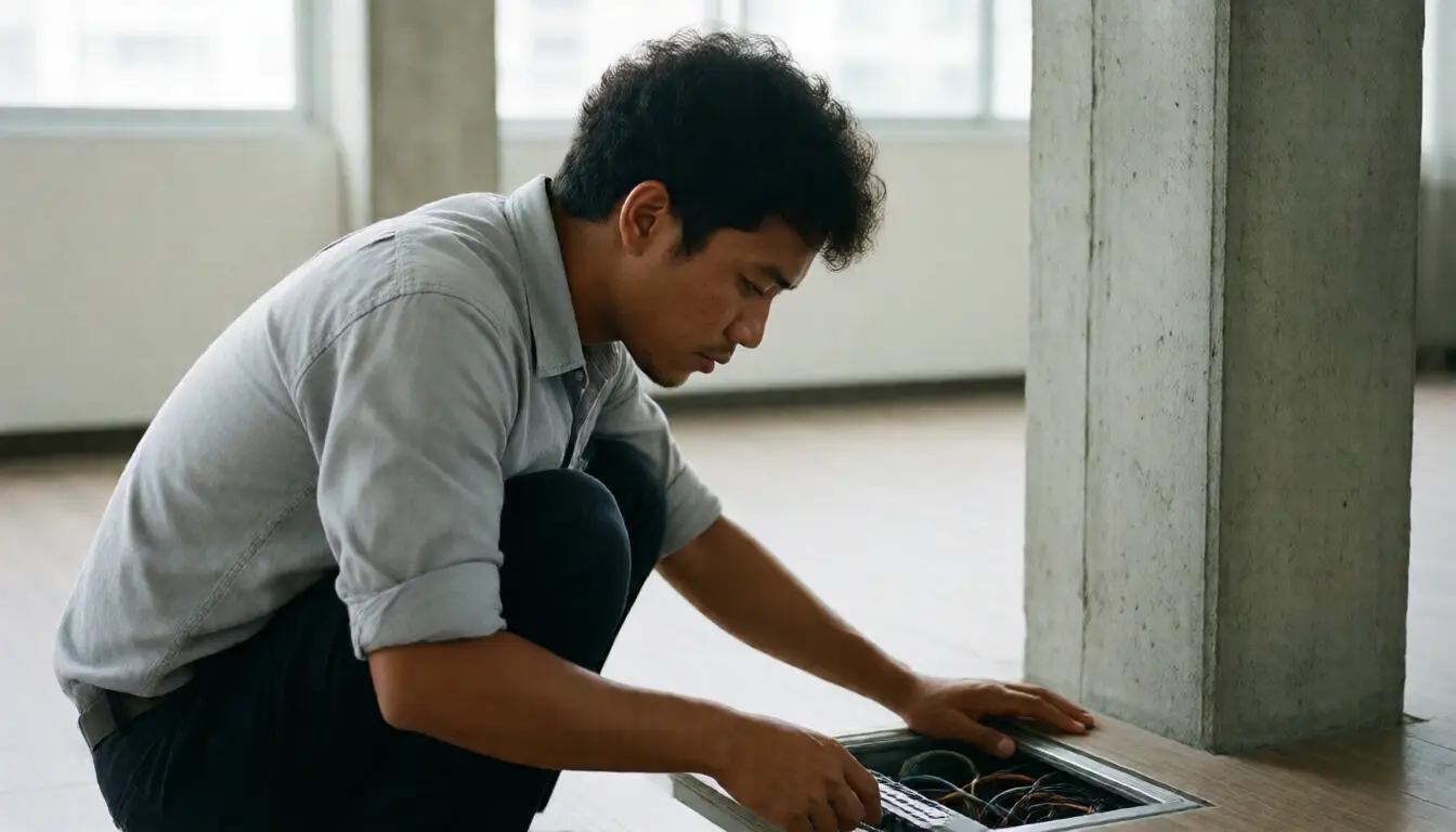 A Thai man examining a floor level power and data outlet in an empty office