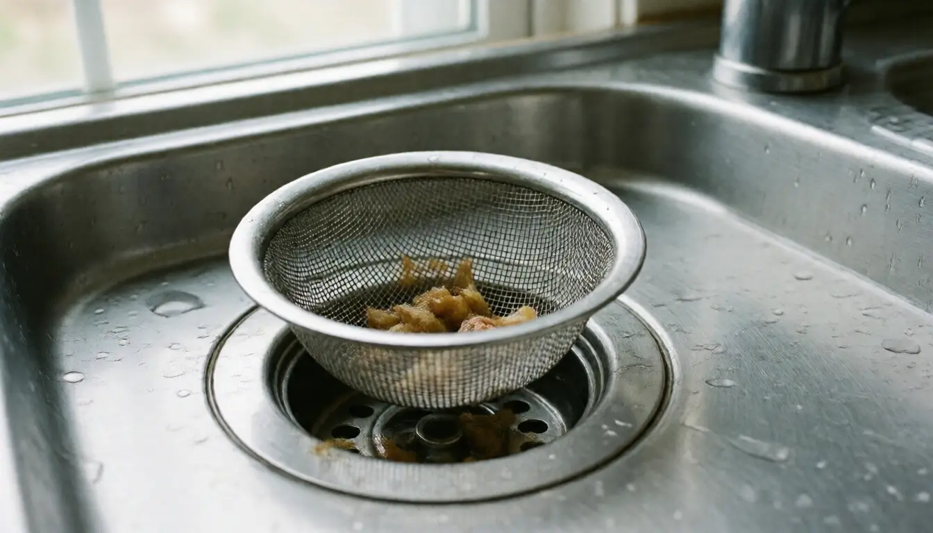 A mesh strainer basket in a stainless steel sink with food scraps caught in it