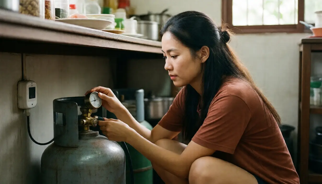 A woman checking the regulator on a gas cylinder in a kitchen with a detector mounted low nearby