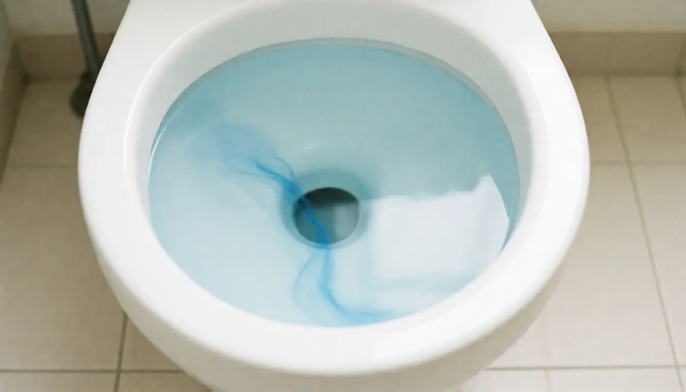 Water in a toilet pan faintly tinted blue from a food colouring test