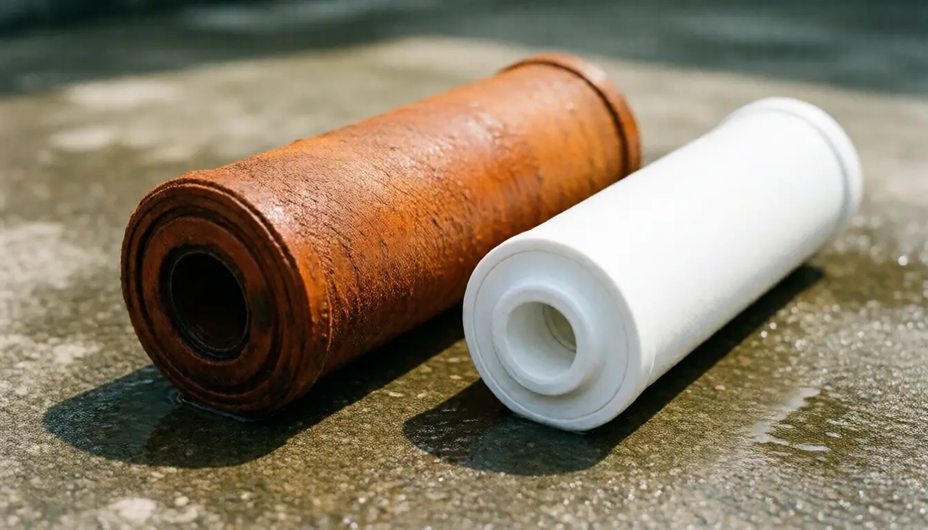 A used filter cartridge stained deep orange beside a clean white replacement