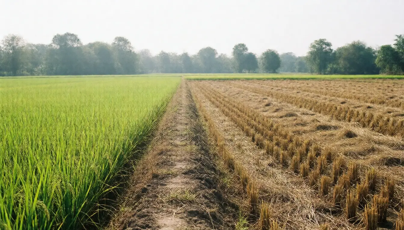 An open rice field divided by an earth bund, green rice on one side and dry stubble on the other, with a distant tree line