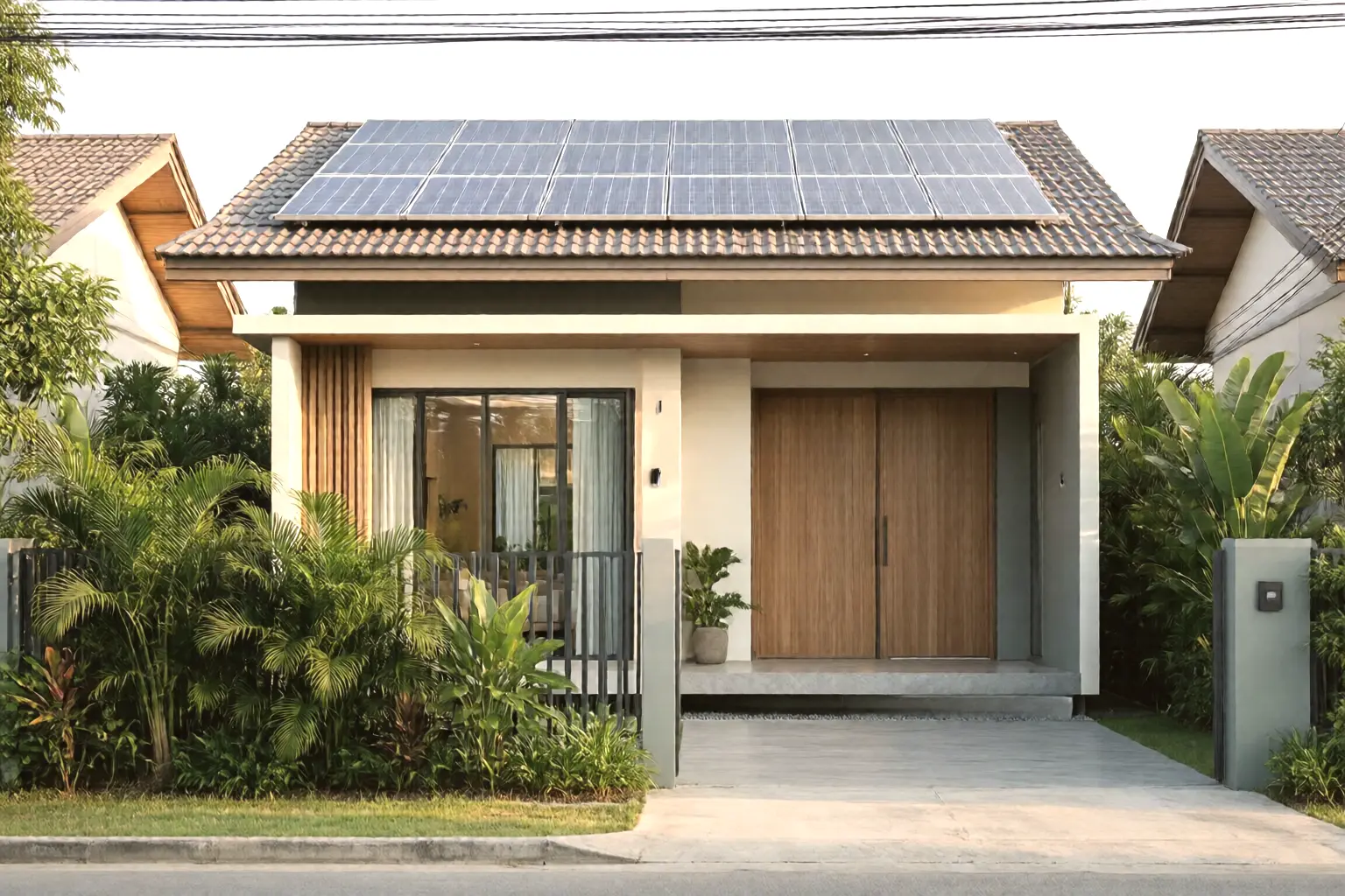 บ้านชั้นเดียวสมัยใหม่ที่มีแผงโซลาร์บนหลังคา มองจากถนนในช่วงบ่าย