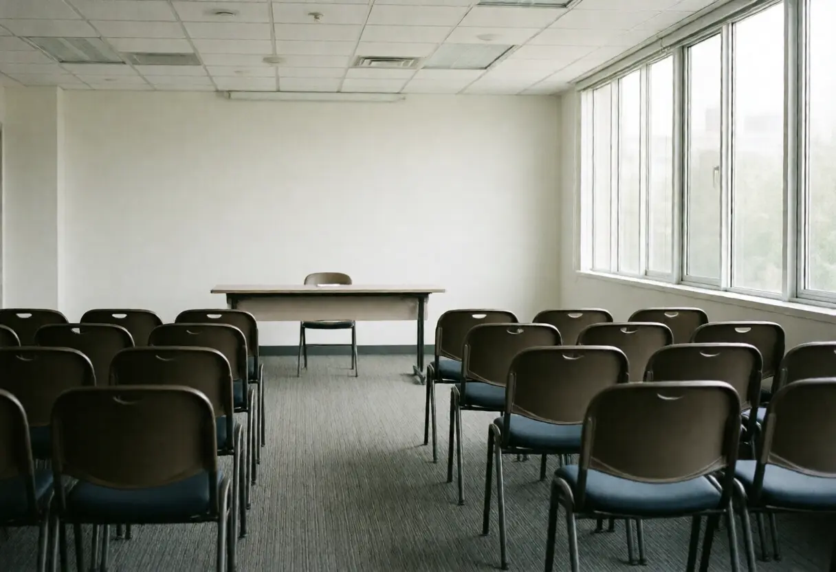 A condominium meeting room with chairs set out in rows ready for a meeting, daylight through large windows