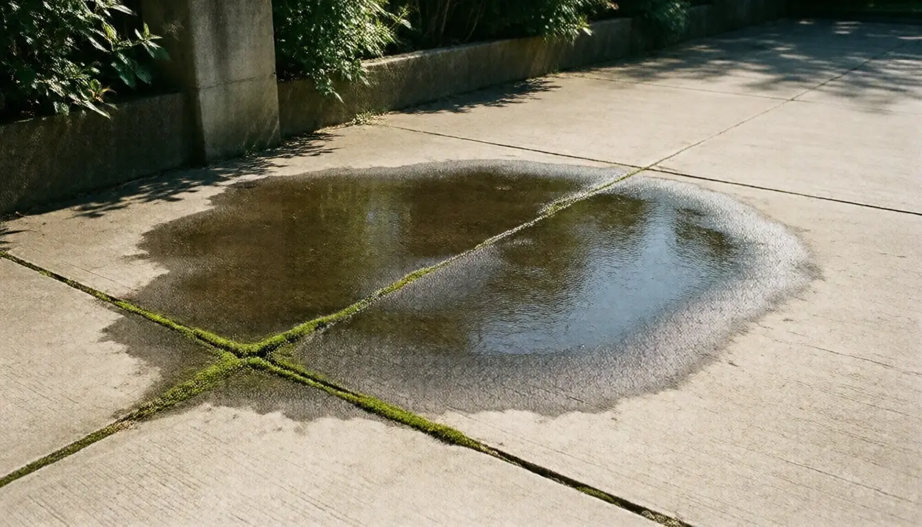A permanently damp patch on a concrete driveway beside a garden wall with moss along the joint