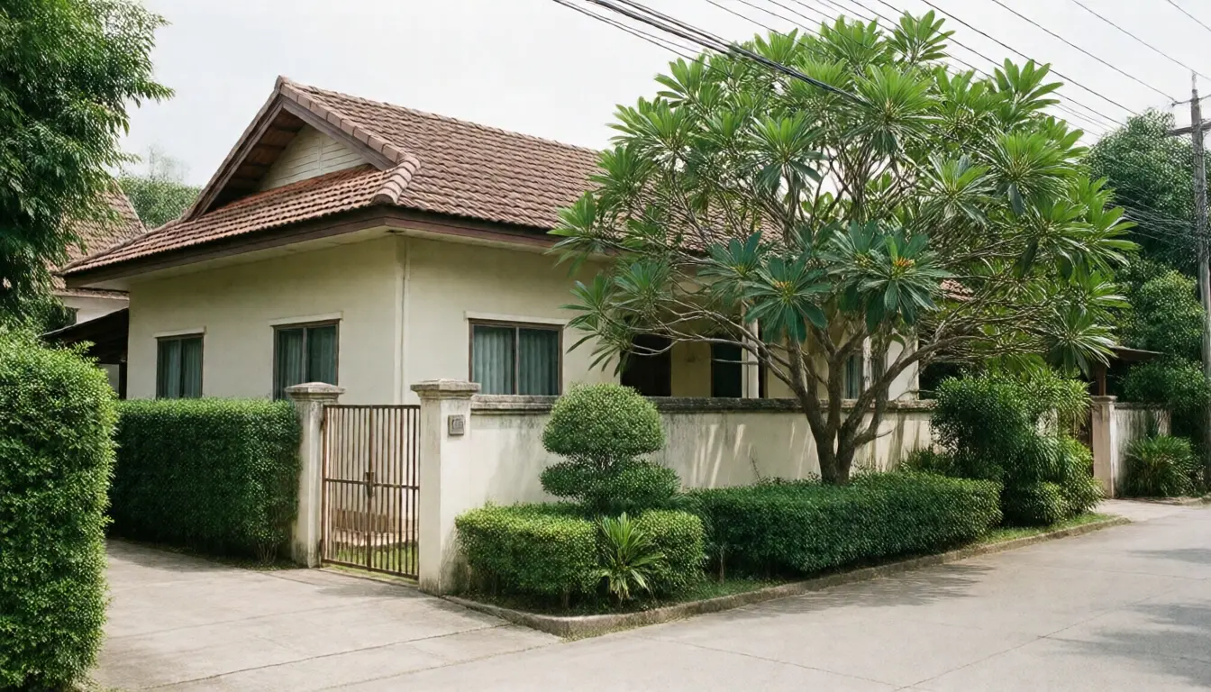 บ้านชั้นเดียวที่ดูแลอย่างดี มีรั้วเตี้ยและต้นลั่นทมในสวนหน้าบ้าน