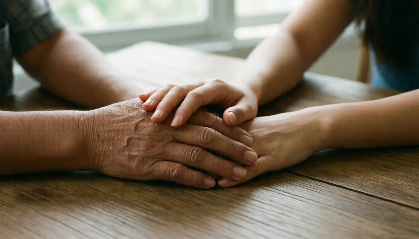 An older Thai person's hands resting on a younger person's hands on a bare wooden table