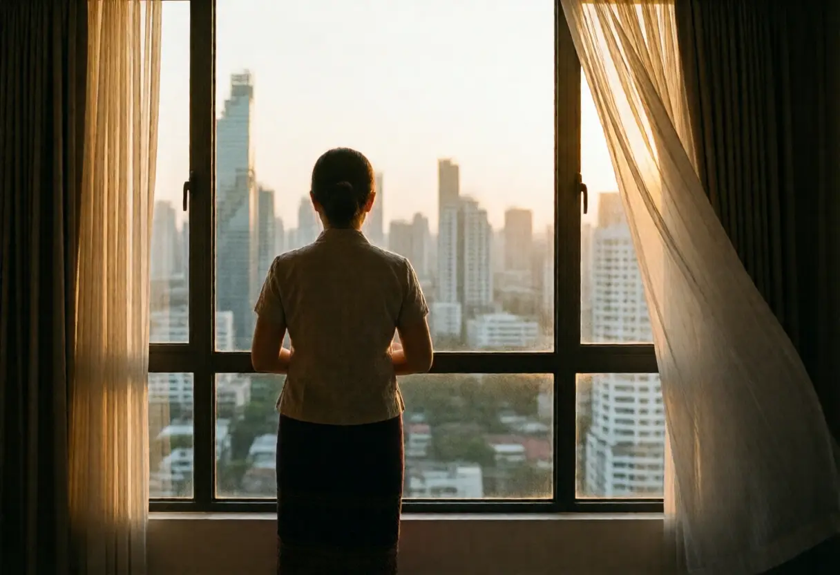 A woman seen from behind at a condominium window looking out over the city at golden hour