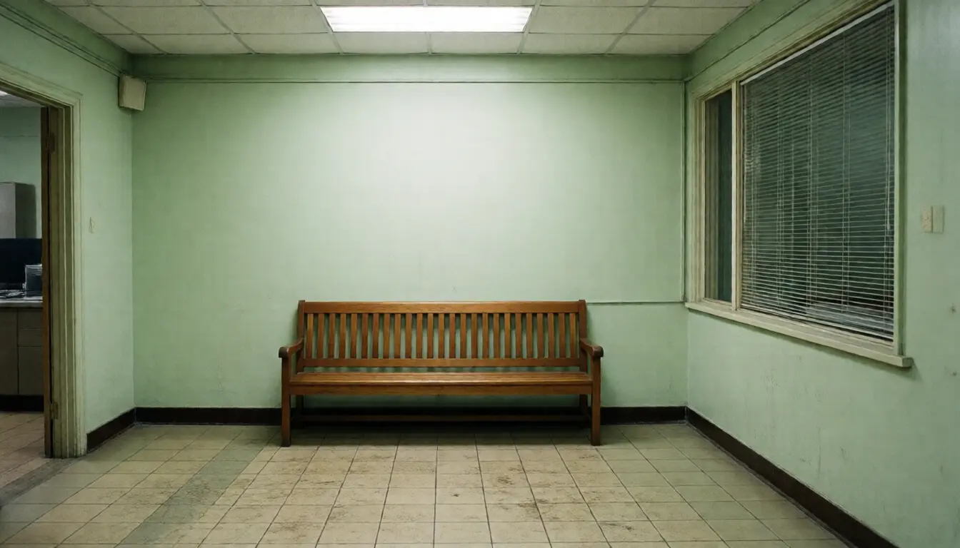 An empty wooden bench in a bare government office waiting area with pale green walls