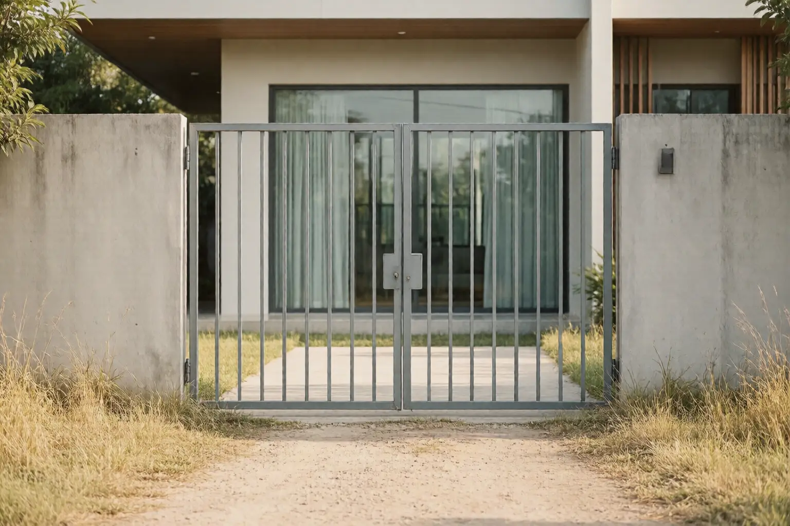 A closed steel gate set into a concrete wall at the end of a dirt lane, with dry grass at the edges in bright afternoon light