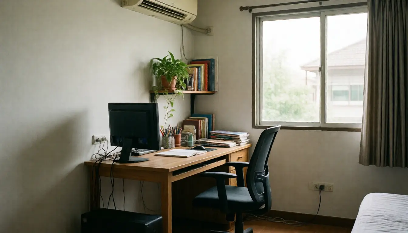 A home working corner with a desk, chair and wall air conditioner