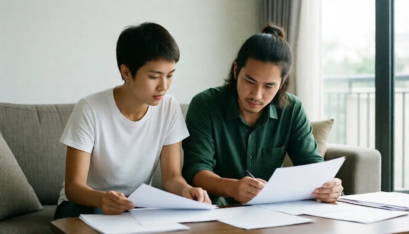 คู่รักคนไทยนั่งอ่านเอกสารสินเชื่อและกรมธรรม์ด้วยกันในห้องนั่งเล่น