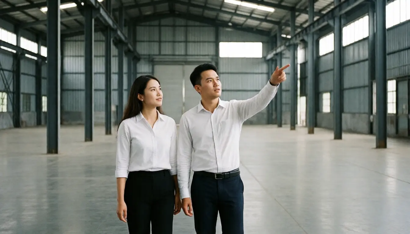 Two young Thai business partners walking through an empty warehouse