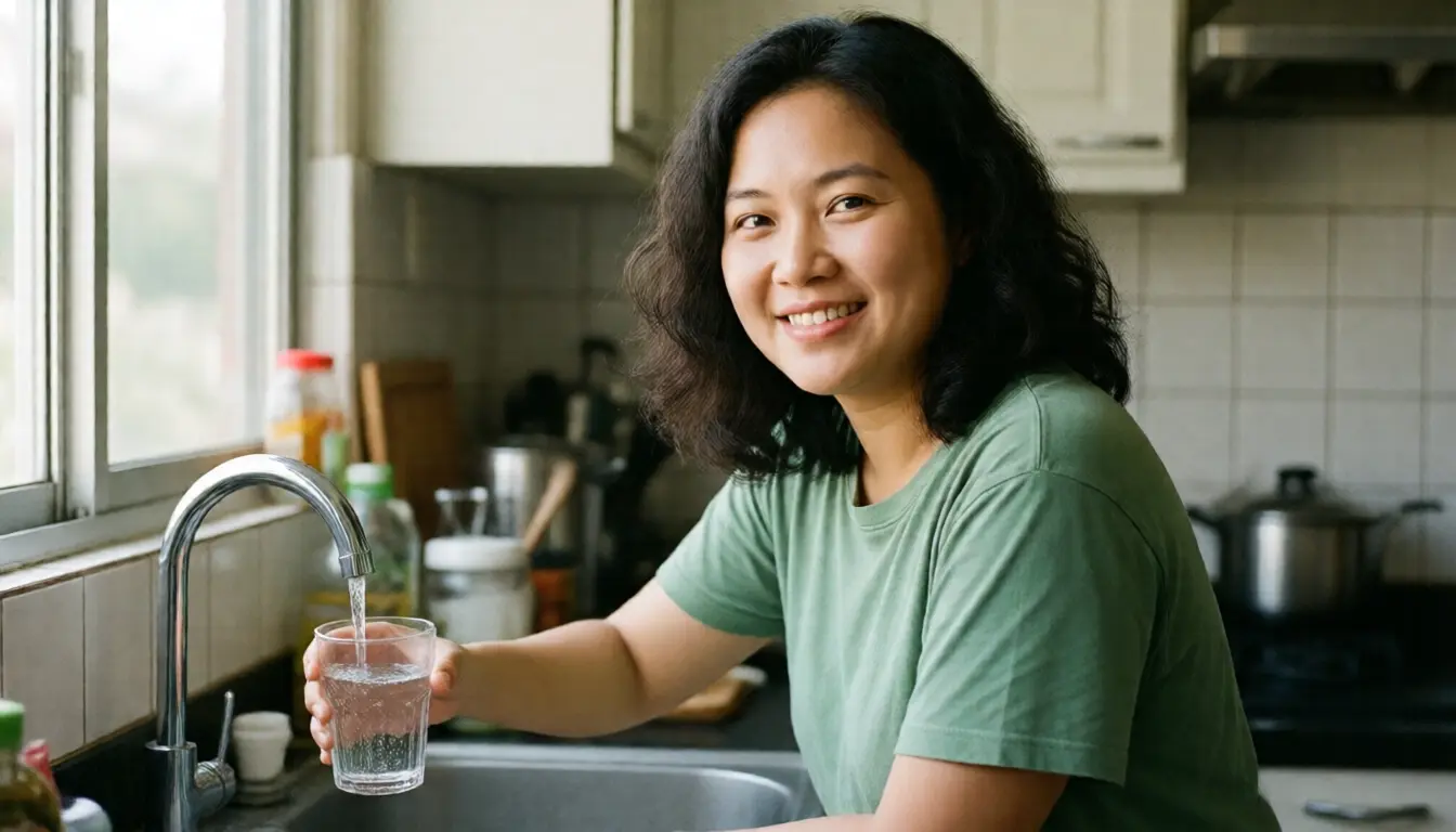 A Thai woman filling a glass with water at a kitchen tap