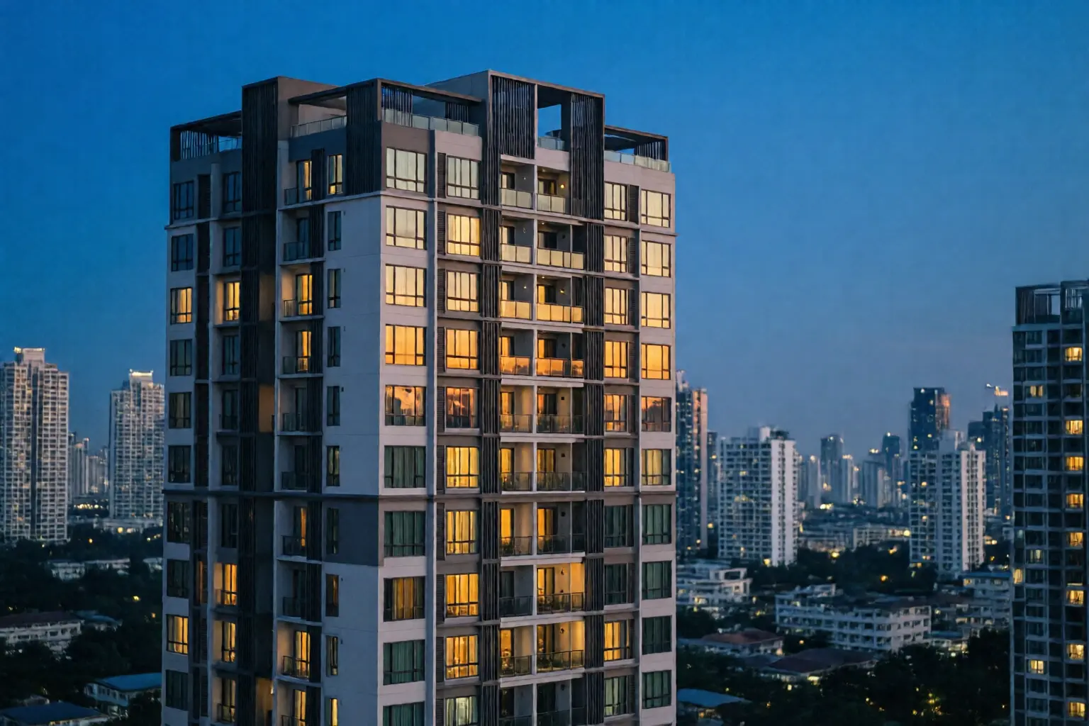 อาคารคอนโดในเมืองช่วงพลบค่ำ