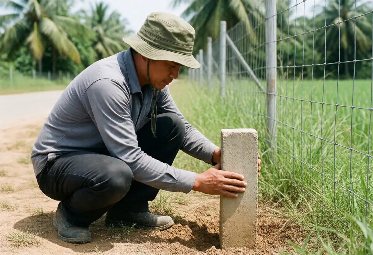 เจ้าหน้าที่รังวัดคนไทยกำลังปักหมุดเขตที่ดินลงในดินข้างแนวรั้ว