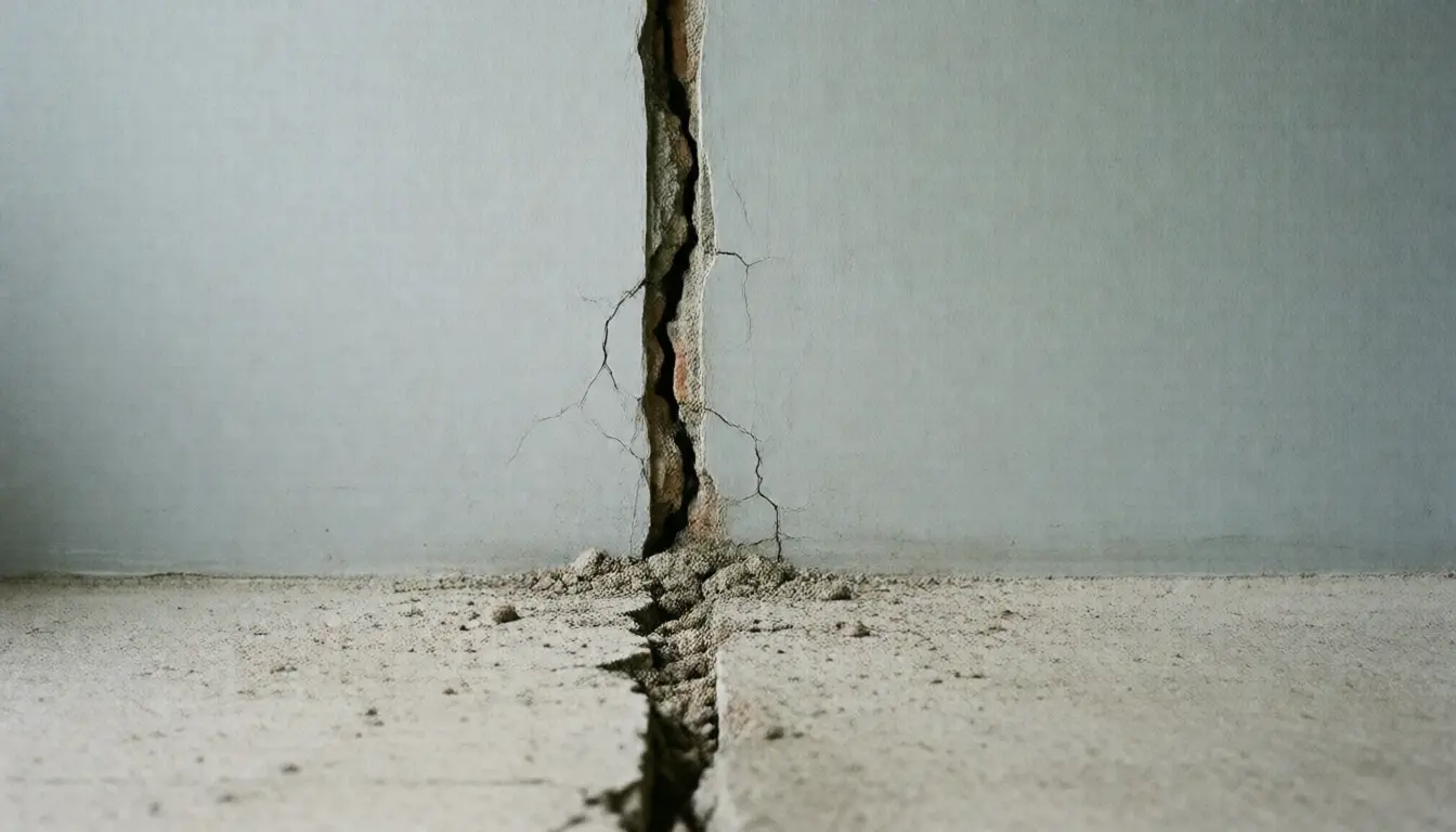 加建楼板与原结构交接处，墙面与地面上一道很宽的分离裂缝
