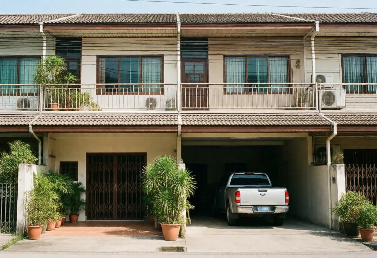 泰国住宅小区内一栋两层联排住宅，门前停着车，明显有人居住