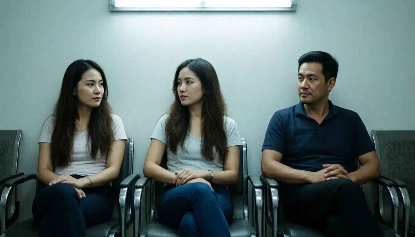 Three adults sitting apart on separate chairs in a plain waiting room, none of them looking at each other